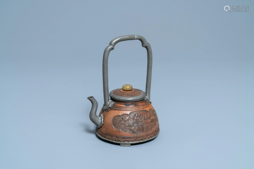 A rare Chinese jade-topped pewter-mounted coconut wine