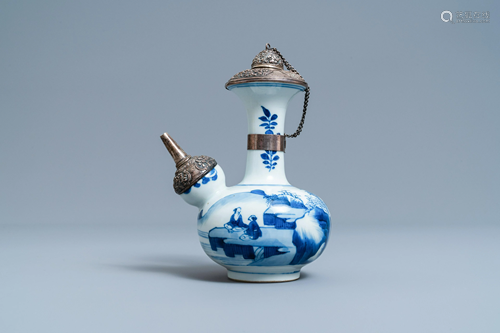 A Chinese silver-mounted blue and white kendi, Kangxi