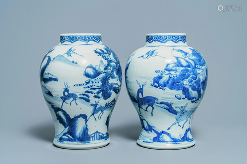 A pair of Chinese blue and white 'deer and crane'