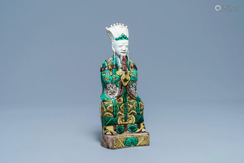 A Chinese verte biscuit figure of Wenchang Wang, Kangxi