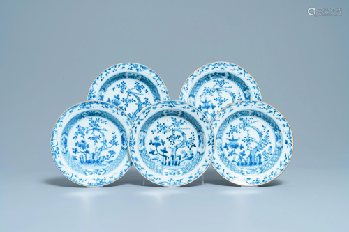 Five Chinese blue and white plates with floral design,