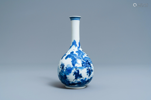 A Chinese blue and white bottle vase with riders on