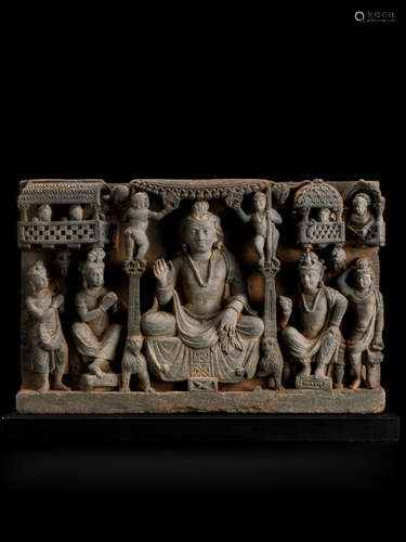 A SCHIST PANEL OF MAITREYA IN TUSHITA HEAVEN ANCIENT REGION OF GANDHARA, CIRCA 3RD CENTURY