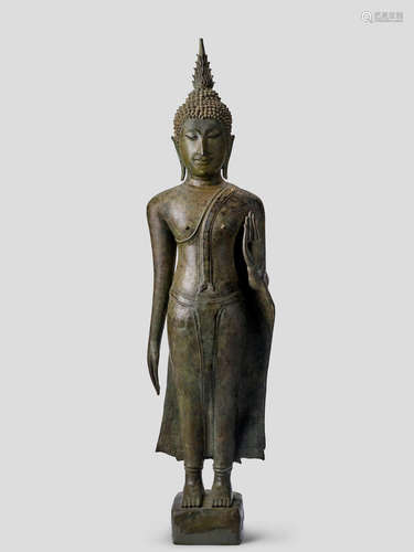 A COPPER ALLOY FIGURE OF BUDDHA THAILAND, SUKHOTHAI PERIOD, CIRCA 1350-1400