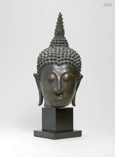 A COPPER ALLOY HEAD OF BUDDHA  THAILAND, SUKHOTHAI PERIOD, CIRCA 1350-1400 