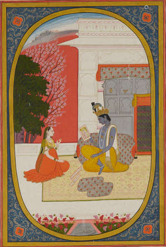 A FOLIO FROM THE KANGRA RASIKAPRIYA: KRISHNA EXAMINES A PICTURE OF HIS BELOVED SCHOOL OF PURKHU, KANGRA, CIRCA 1810