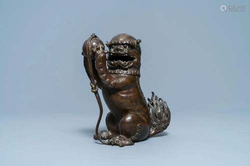 A Chinese lacquered bronze 'Buddhist lion' censer and