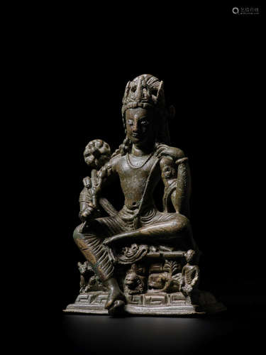 A SILVER INLAID COPPER ALLOY FIGURE OF A BODHISATTVA SWAT VALLEY, CIRCA 8TH CENTURY