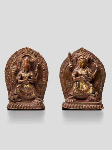 A PAIR OF CAST COPPER PLAQUES OF DURGA NEPAL, 18TH CENTURY