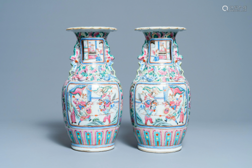 A pair of Chinese famille rose vases with a court scene
