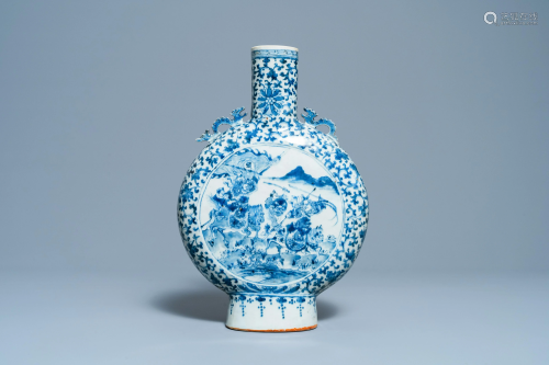 A Chinese blue and white 'moonflask' vase with warriors