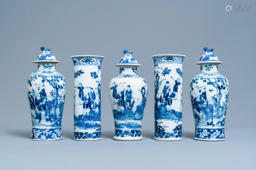A Chinese blue and white garniture of five vases,