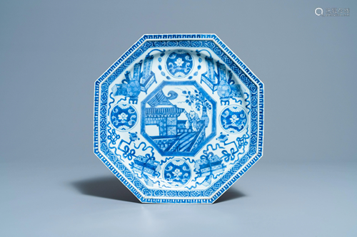 A Chinese octagonal blue and white dish with a boy,