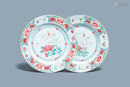 A pair of large Chinese famille rose chargers with