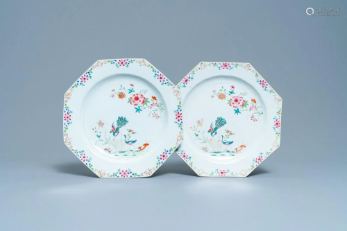 A pair of Chinese octagonal famille rose 'peacock'