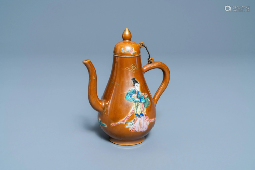 A Chinese famille rose capucin brown-ground ewer and