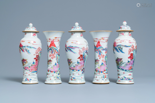 A Chinese famille rose garniture of five vases,