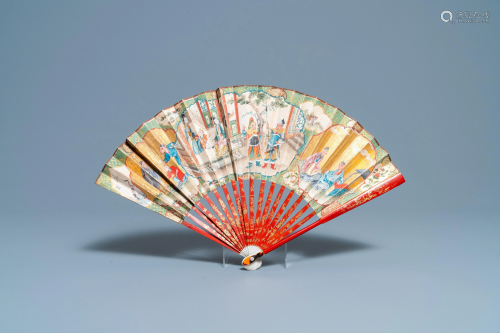 A Chinese painted paper and lacquered wood fan, 18/19th
