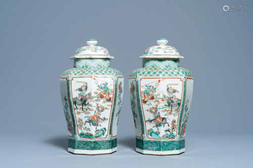 A pair of Chinese octagonal famille verte vases and