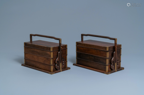 A pair of rectangular Chinese three-tiered hongmu