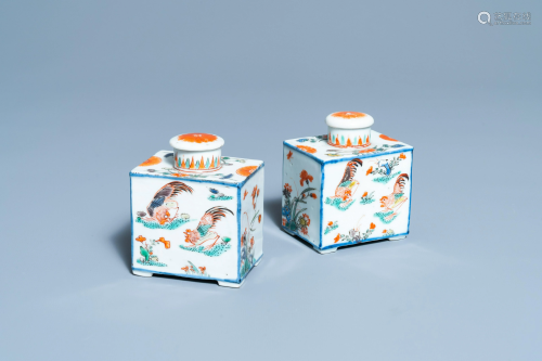 A pair of Chinese famille verte 'rooster' tea caddies