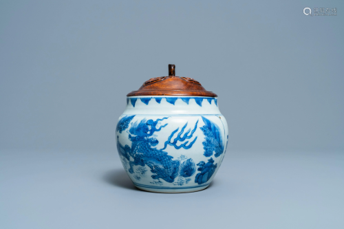 A Chinese blue and white 'qilin' censer, Transitional