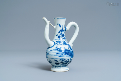 A Chinese blue and white 'landscape' ewer, Transitional