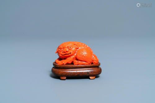 A Chinese carved red coral model of a Buddhist lion,