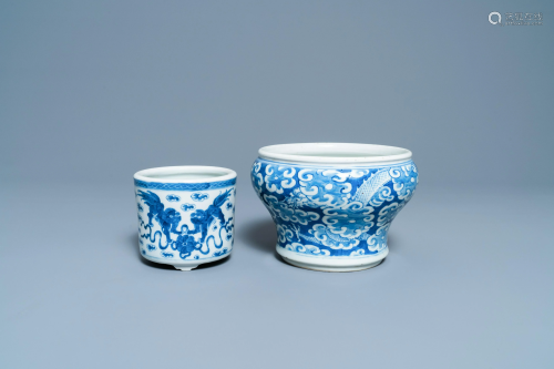 Two Chinese blue and white censers, 19th C.