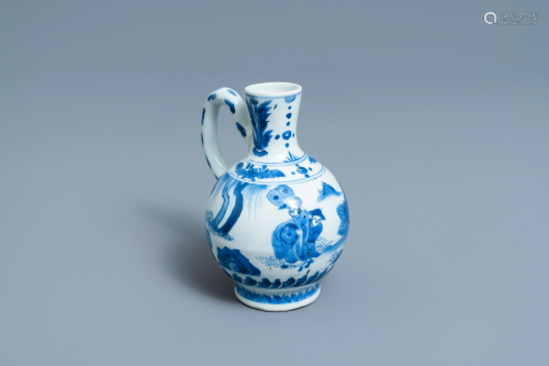 A Chinese blue and white ewer with figures in a