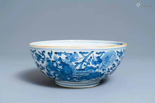 A large Chinese blue and white 'Buddhist lion' bowl,