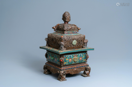 A large Chinese cloisonnŽ censer with jade, coral and