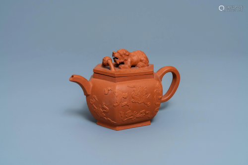 A hexagonal Chinese Yixing stoneware teapot and cover,