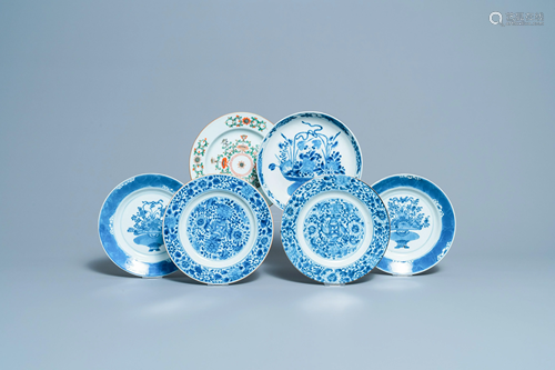 Five Chinese blue and white plates and one in famille