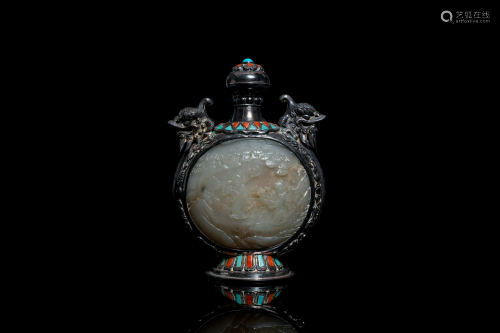 A Chinese jade-, coral- and turquoise-inlaid silver