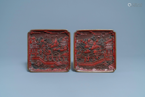 A pair of Chinese black and red cinnabar lacquer square