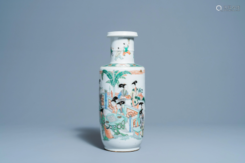 A Chinese famille verte rouleau vase, 19th C.