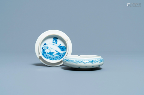A rare Chinese blue and white 'erotical subject' box