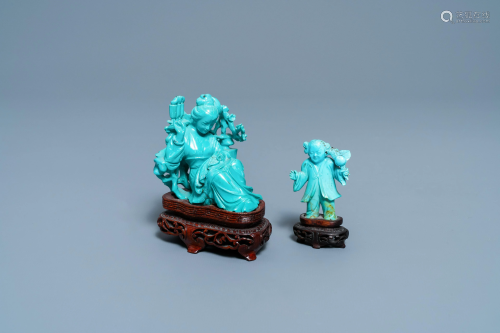 Two Chinese carved turquoise figures, 19/20th C.