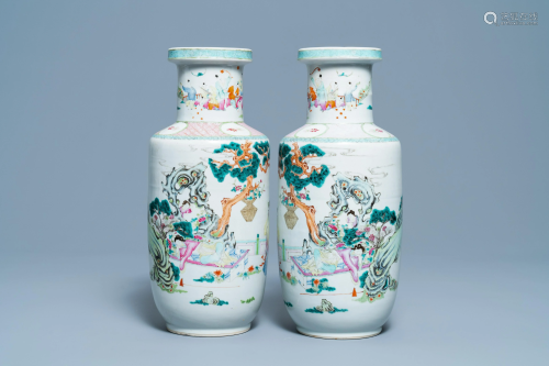 A pair of Chinese famille rose rouleau vases with