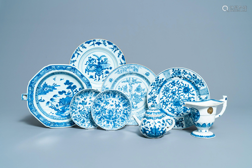 Six Chinese blue and white dishes, a teapot and a