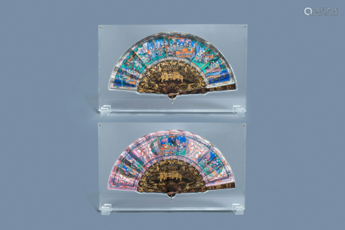 Two Chinese Cantonese painted paper and lacquer fans in