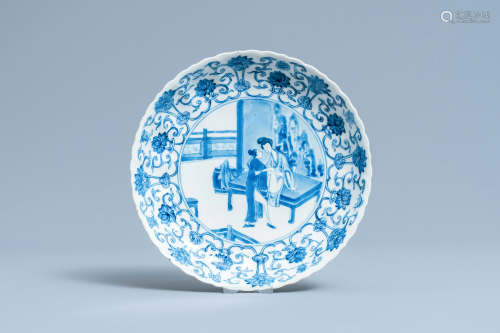 A Chinese blue and white 'erotical subject' plate,