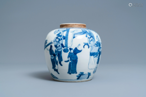 A Chinese blue and white jar with figurative design,