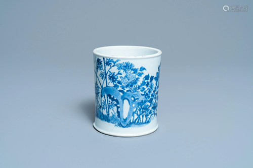 A Chinese blue and white brush pot, Chenghua mark,