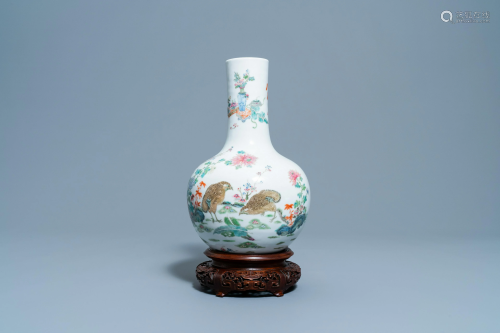 A Chinese famille rose bottle vase with quails,