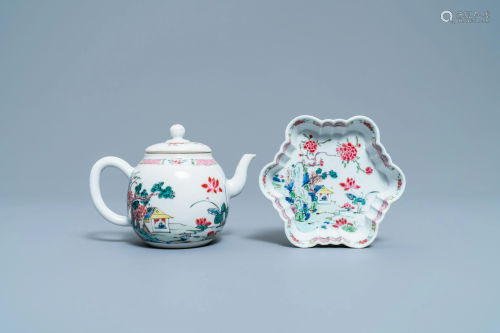 A Chinese famille rose teapot on stand with landscape