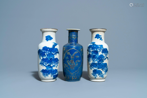 A pair of Chinese blue and white crackle-glazed rouleau