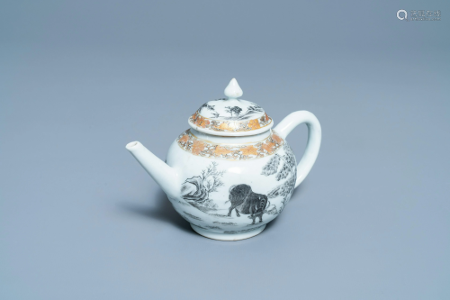 A Chinese grisaille and gilt 'buffalo' teapot and