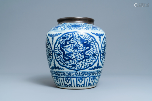 A Chinese blue and white metal-mounted 'dragon' jar,